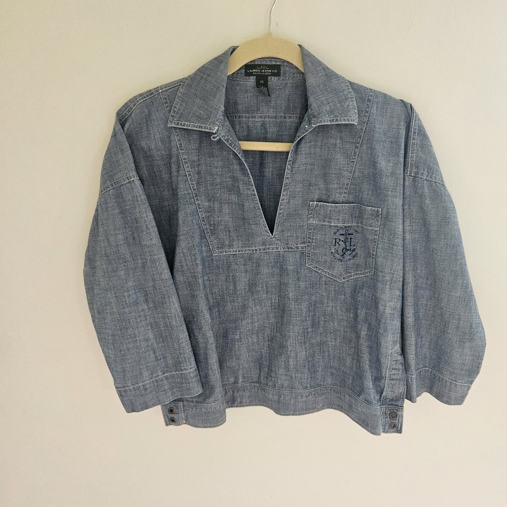 LRL Ralph Lauren Denim Tunic Women XS Blue Nautical 3/4 Sleeve Top Vneck Coastal